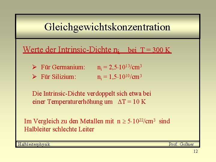 Gleichgewichtskonzentration Werte der Intrinsic-Dichte ni bei T = 300 K Ø Für Germanium: Ø