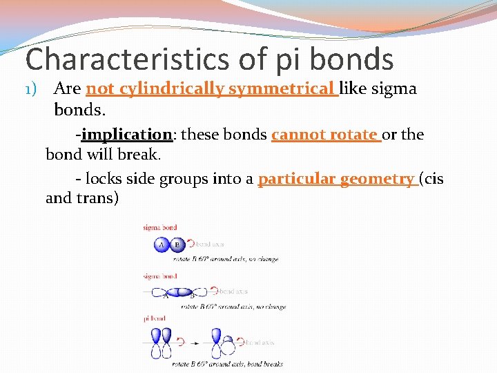 Characteristics of pi bonds 1) Are not cylindrically symmetrical like sigma bonds. -implication: these