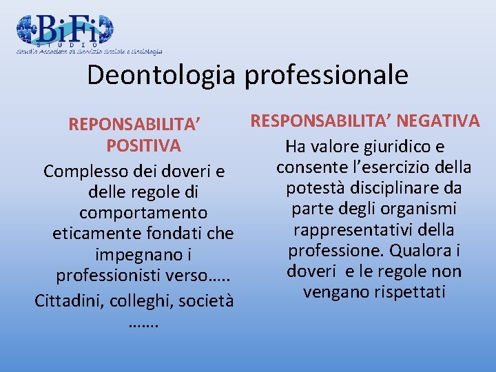 Deontologia professionale RESPONSABILITA’ NEGATIVA REPONSABILITA’ POSITIVA Ha valore giuridico e consente l’esercizio della Complesso