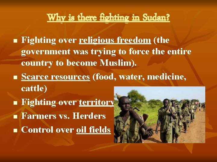 Why is there fighting in Sudan? n n n Fighting over religious freedom (the