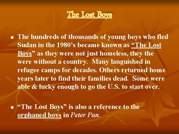 The Lost Boys n n The hundreds of thousands of young boys who fled