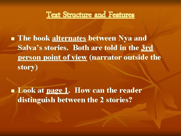 Text Structure and Features n n The book alternates between Nya and Salva’s stories.