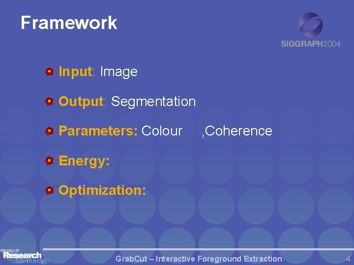 Framework Input: Image Output: Segmentation Parameters: Colour , Coherence Energy: Optimization: Grab. Cut –