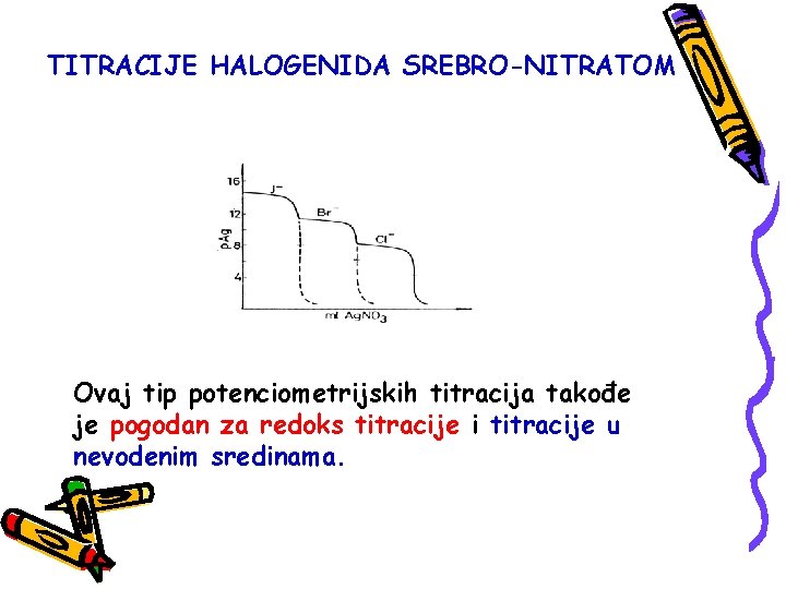 TITRACIJE HALOGENIDA SREBRO-NITRATOM Ovaj tip potenciometrijskih titracija takođe je pogodan za redoks titracije i