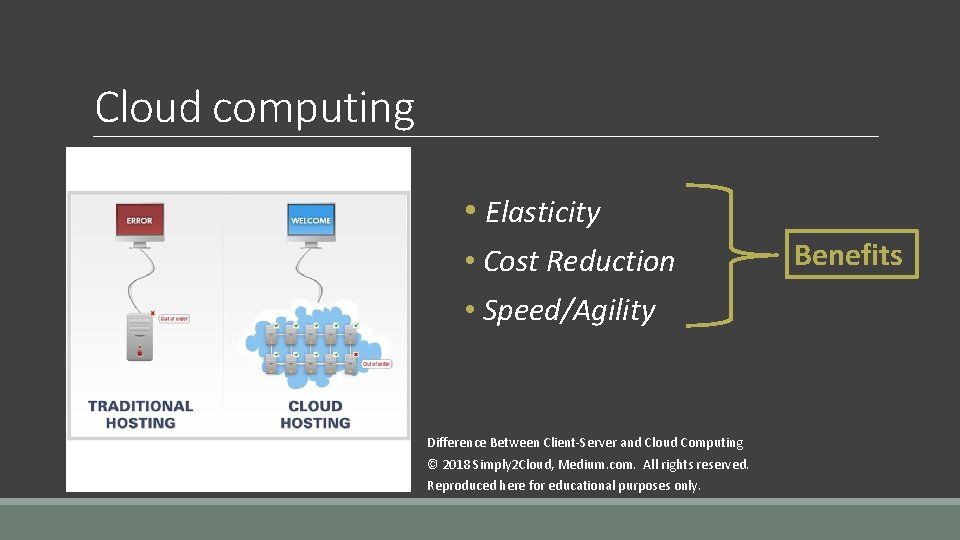 Cloud computing • Elasticity • Cost Reduction • Speed/Agility Difference Between Client-Server and Cloud