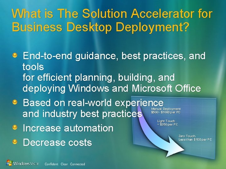What is The Solution Accelerator for Business Desktop Deployment? End-to-end guidance, best practices, and