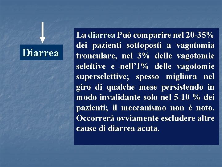 Diarrea La diarrea Può comparire nel 20 -35% dei pazienti sottoposti a vagotomia tronculare,