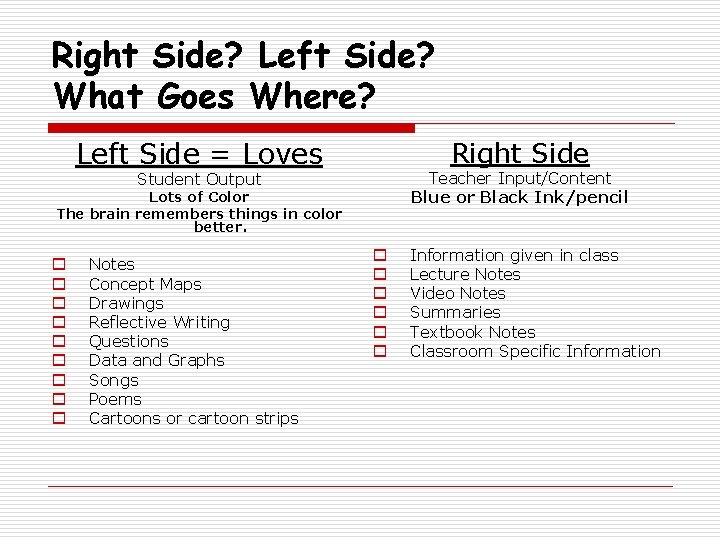 Right Side? Left Side? What Goes Where? Left Side = Loves Right Side Teacher