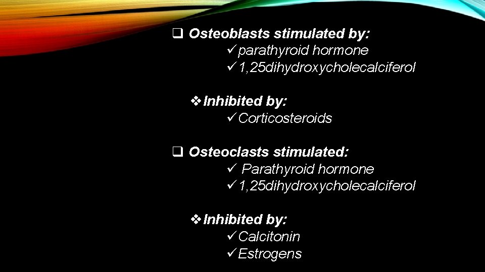 q Osteoblasts stimulated by: üparathyroid hormone ü 1, 25 dihydroxycholecalciferol v. Inhibited by: üCorticosteroids