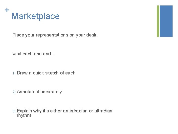 + Marketplace Place your representations on your desk. Visit each one and… 1) Draw