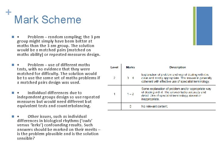 + Mark Scheme n • Problem – random sampling; the 3 pm group might