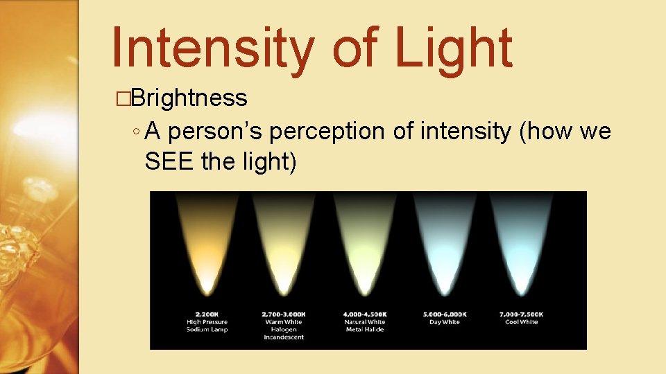 Intensity of Light �Brightness ◦ A person’s perception of intensity (how we SEE the Intensity of Light �Brightness ◦ A person’s perception of intensity (how we SEE the