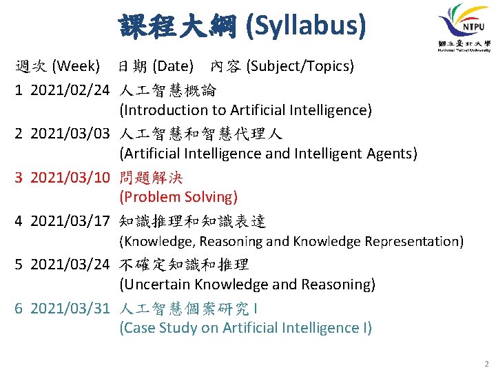 課程大綱 (Syllabus) 週次 (Week) 日期 (Date) 內容 (Subject/Topics) 1 2021/02/24 人 智慧概論 (Introduction to