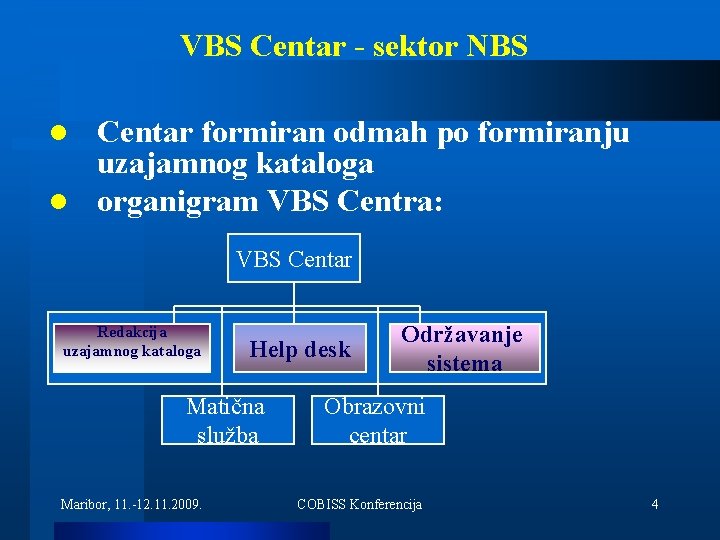 VBS Centar - sektor NBS Centar formiran odmah po formiranju uzajamnog kataloga l organigram