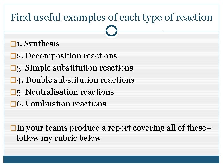 Find useful examples of each type of reaction � 1. Synthesis � 2. Decomposition Find useful examples of each type of reaction � 1. Synthesis � 2. Decomposition
