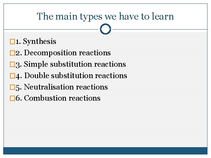 The main types we have to learn � 1. Synthesis � 2. Decomposition reactions The main types we have to learn � 1. Synthesis � 2. Decomposition reactions
