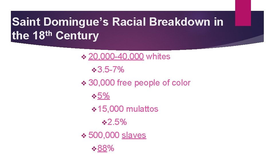 Saint Domingue’s Racial Breakdown in the 18 th Century v 20, 000 -40, 000