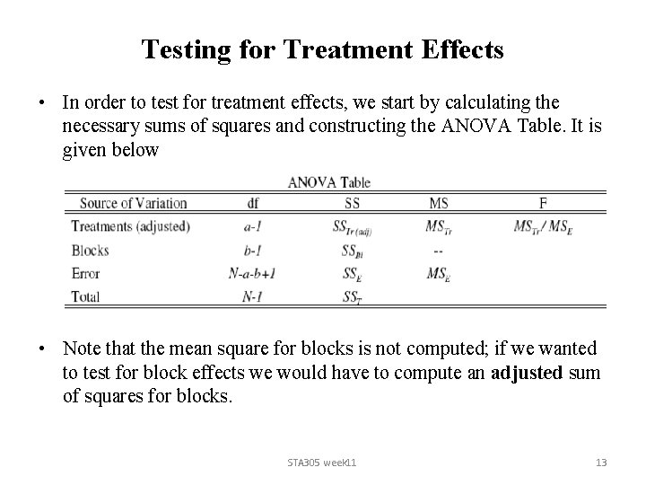 Testing for Treatment Effects • In order to test for treatment effects, we start Testing for Treatment Effects • In order to test for treatment effects, we start
