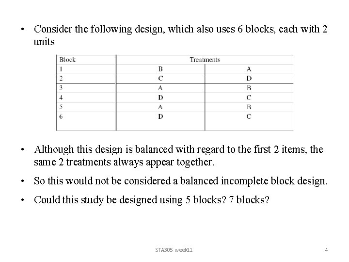 • Consider the following design, which also uses 6 blocks, each with 2  • Consider the following design, which also uses 6 blocks, each with 2