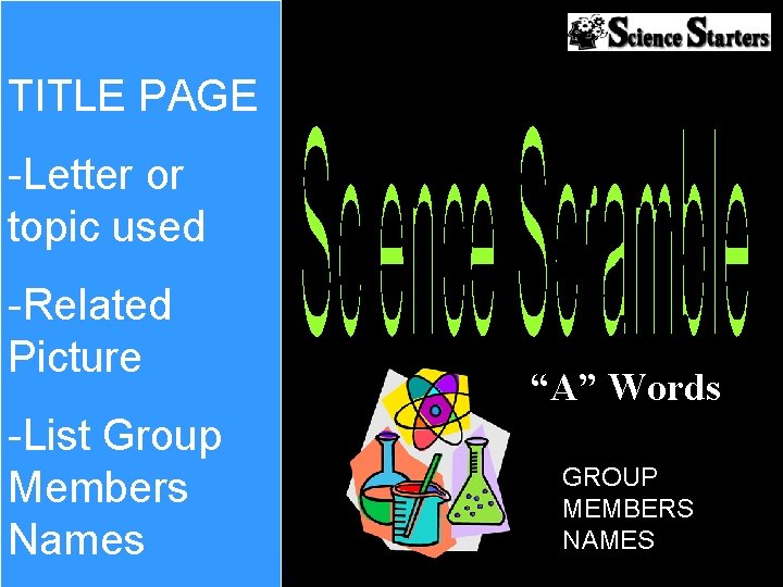 TITLE PAGE -Letter or topic used -Related Picture -List Group Members Names “A” Words