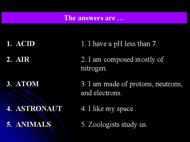 The answers are … 1. ACID 1. I have a p. H less than