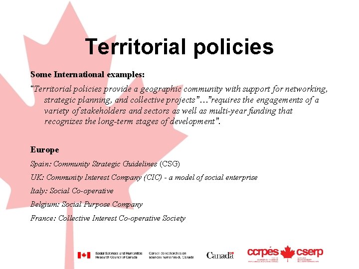 Territorial policies Some International examples: “Territorial policies provide a geographic community with support for