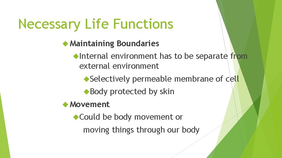 Necessary Life Functions Maintaining Boundaries Internal environment has to be separate from external environment