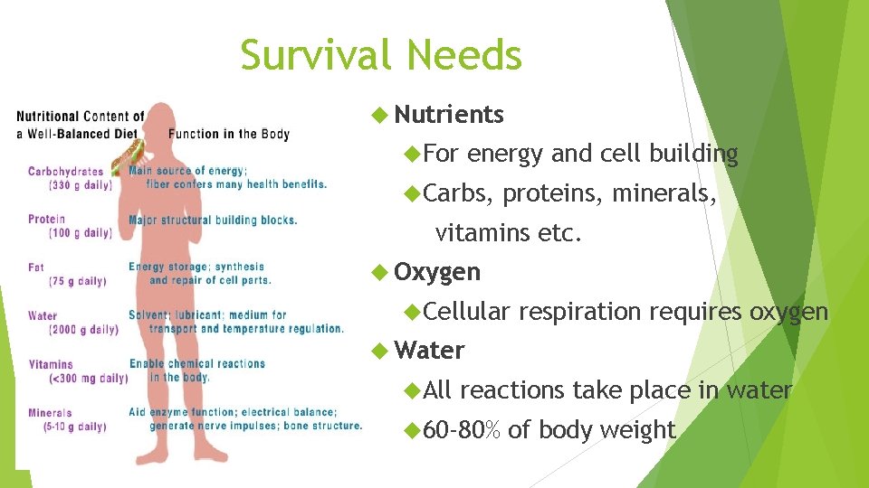 Survival Needs Nutrients For energy and cell building Carbs, proteins, minerals, vitamins etc. Oxygen