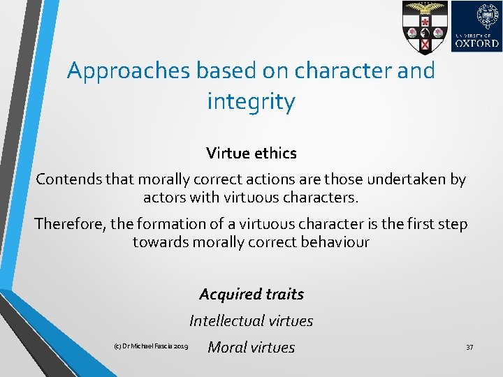 Approaches based on character and integrity Virtue ethics Contends that morally correct actions are