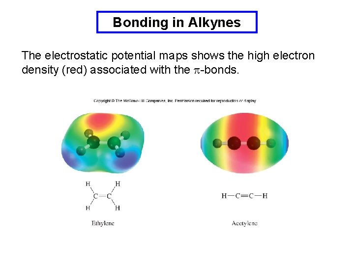 Bonding in Alkynes The electrostatic potential maps shows the high electron density (red) associated
