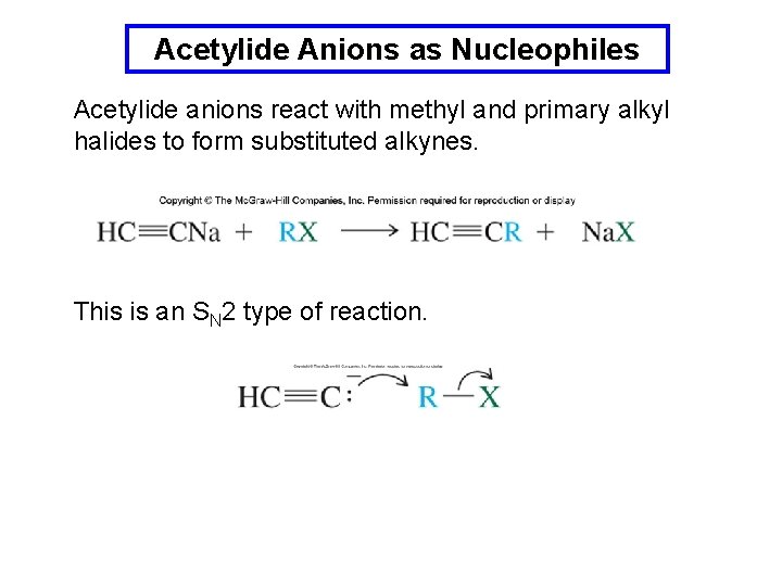 Acetylide Anions as Nucleophiles Acetylide anions react with methyl and primary alkyl halides to