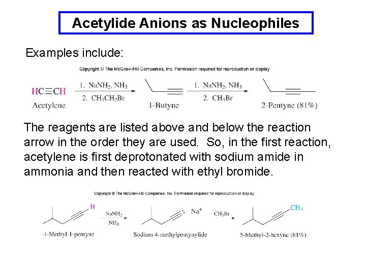 Acetylide Anions as Nucleophiles Examples include: The reagents are listed above and below the
