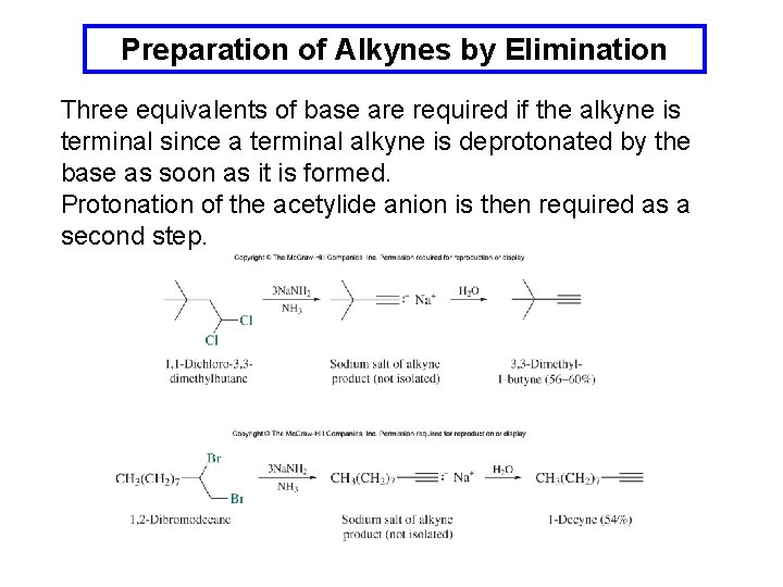 Preparation of Alkynes by Elimination Three equivalents of base are required if the alkyne