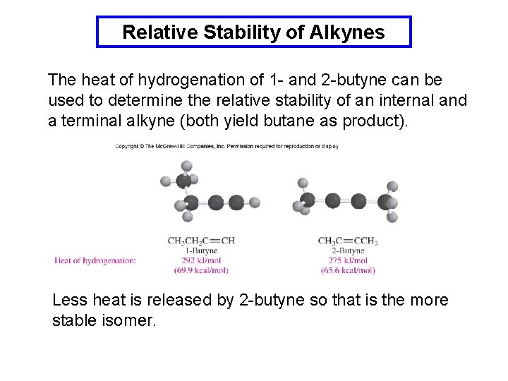 Relative Stability of Alkynes The heat of hydrogenation of 1 - and 2 -butyne