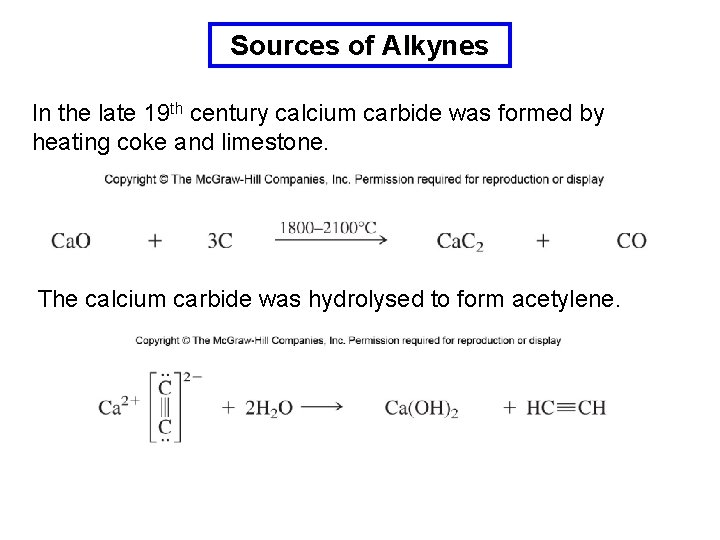 Sources of Alkynes In the late 19 th century calcium carbide was formed by