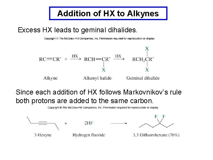 Addition of HX to Alkynes Excess HX leads to geminal dihalides. Since each addition