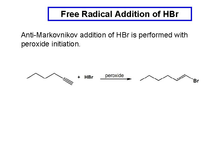Free Radical Addition of HBr Anti-Markovnikov addition of HBr is performed with peroxide initiation.