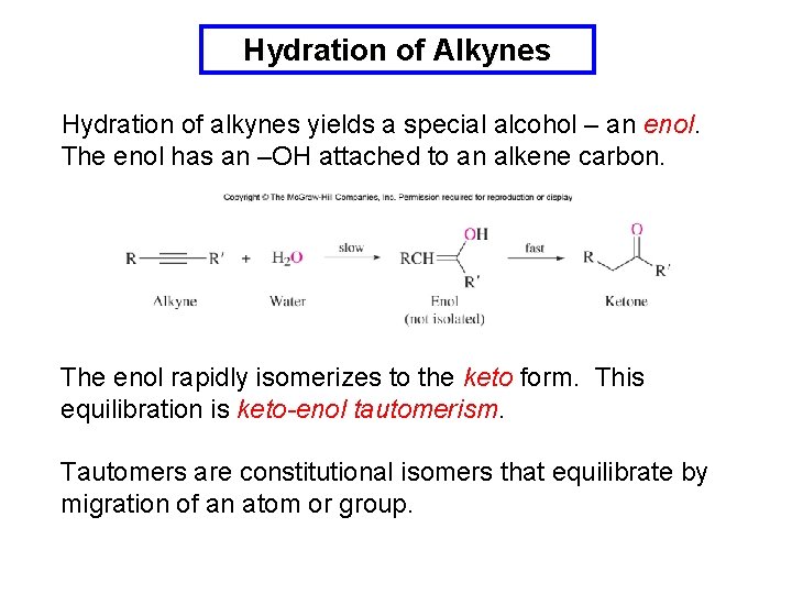 Hydration of Alkynes Hydration of alkynes yields a special alcohol – an enol. The