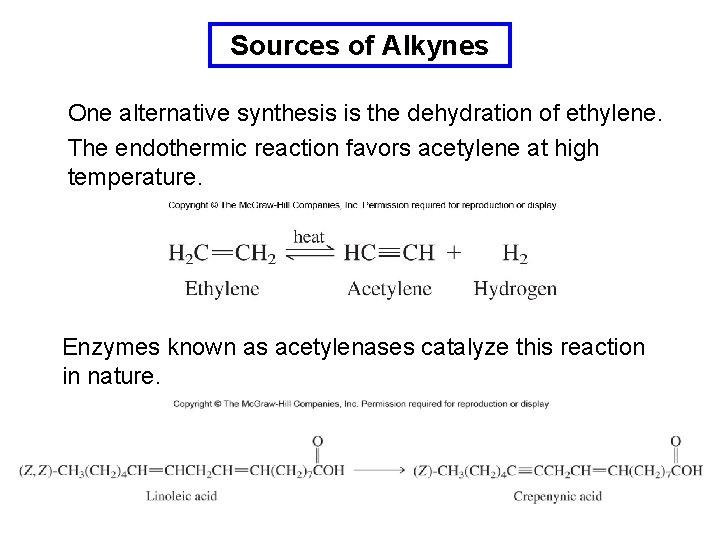 Sources of Alkynes One alternative synthesis is the dehydration of ethylene. The endothermic reaction