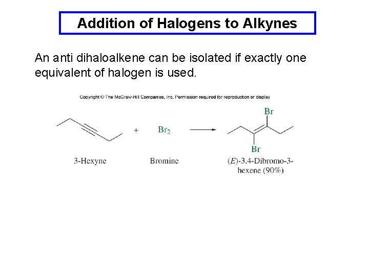 Addition of Halogens to Alkynes An anti dihaloalkene can be isolated if exactly one