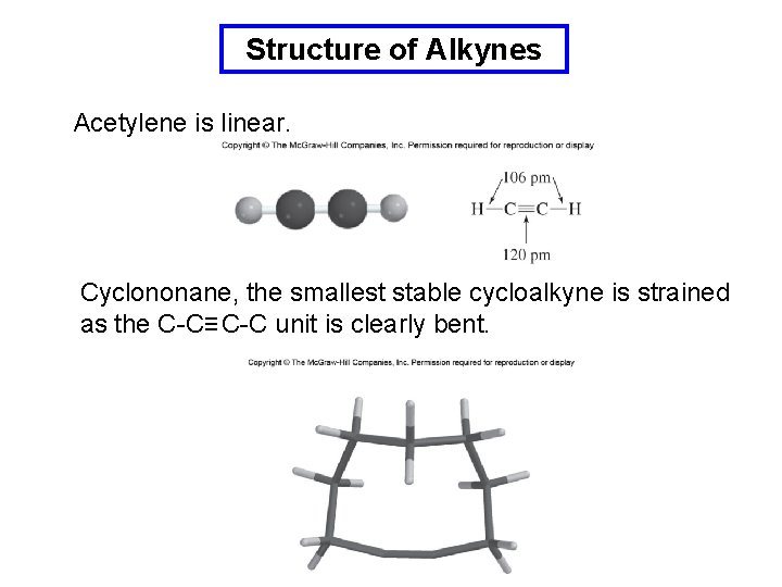 Structure of Alkynes Acetylene is linear. Cyclononane, the smallest stable cycloalkyne is strained as