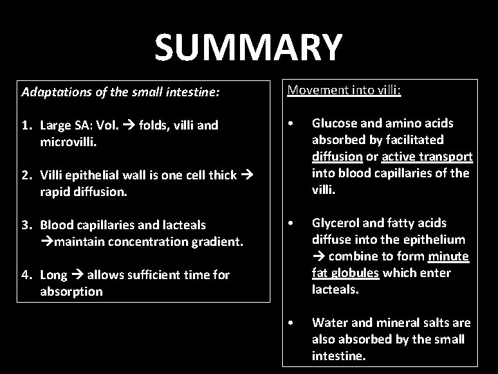 SUMMARY Adaptations of the small intestine: Movement into villi: 1. Large SA: Vol. folds,