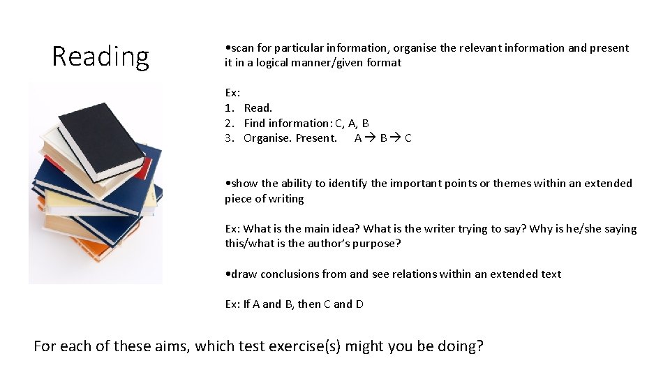 Reading • scan for particular information, organise the relevant information and present it in