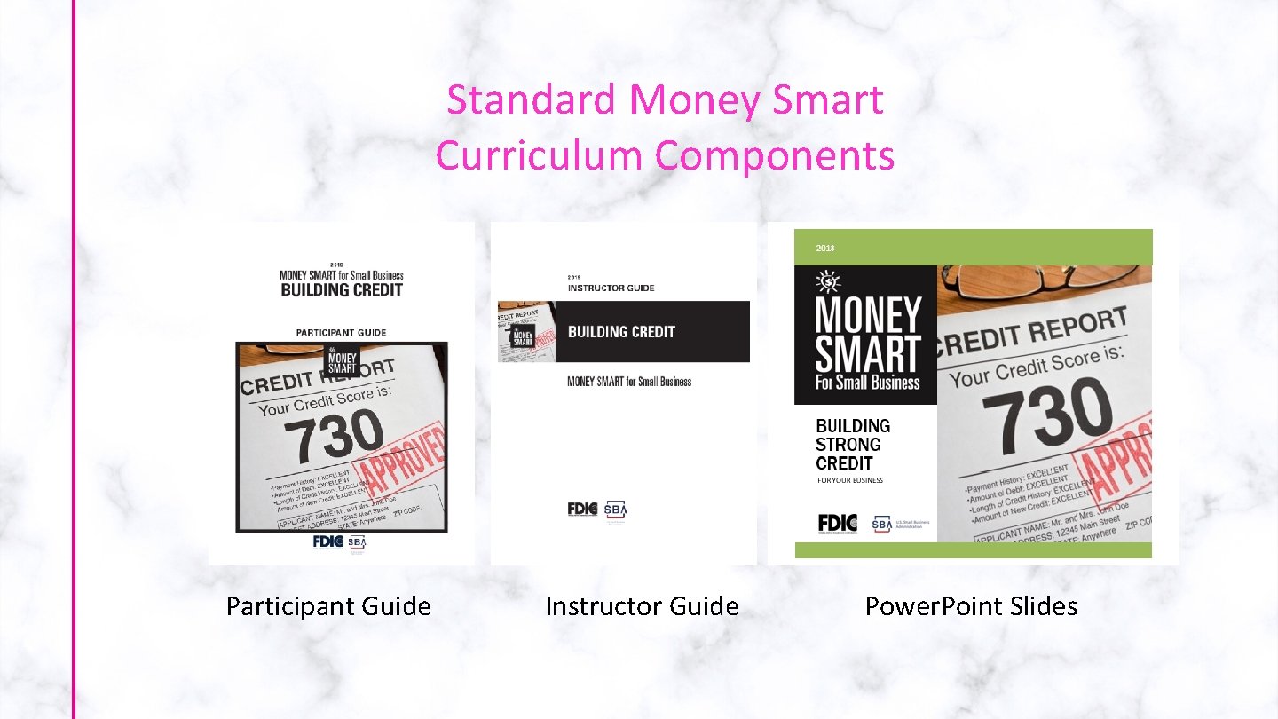Standard Money Smart Curriculum Components Participant Guide Instructor Guide Power. Point Slides 