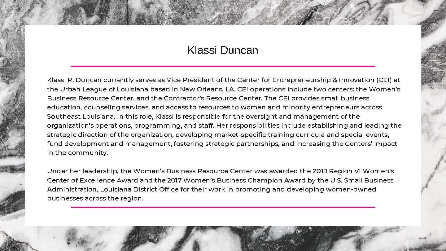 Klassi Duncan Klassi R. Duncan currently serves as Vice President of the Center for