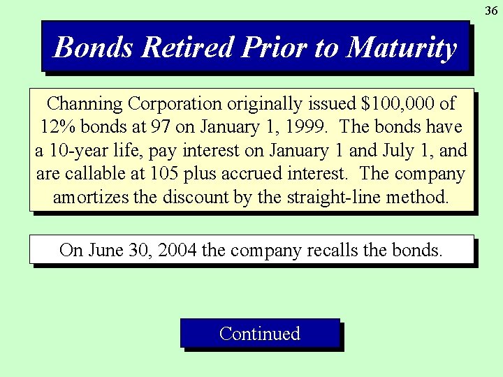 36 Bonds Retired Prior to Maturity Channing Corporation originally issued $100, 000 of 12%