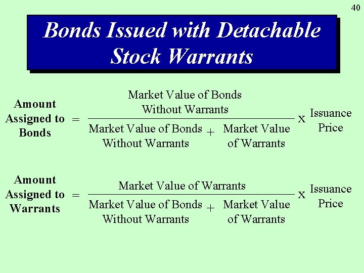 40 Bonds Issued with Detachable Stock Warrants Market Value of Bonds Without Warrants Amount
