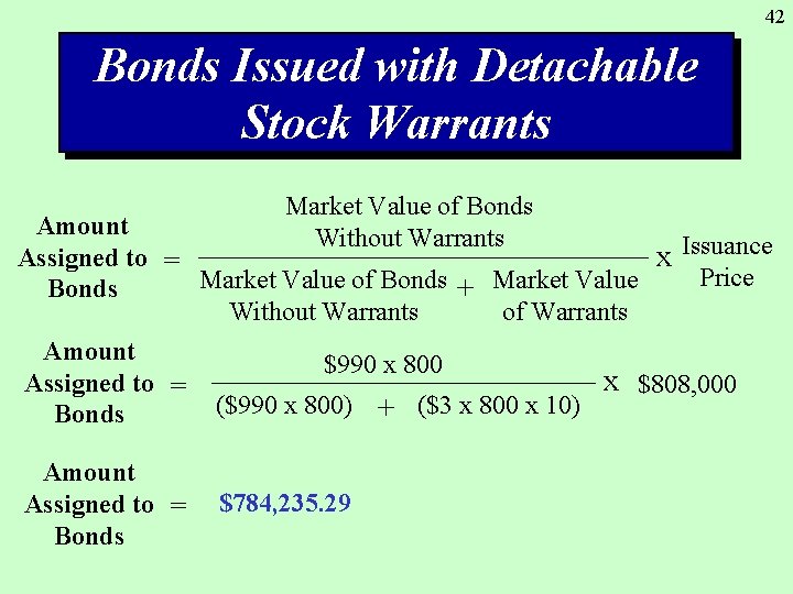 42 Bonds Issued with Detachable Stock Warrants Market Value of Bonds Without Warrants Amount