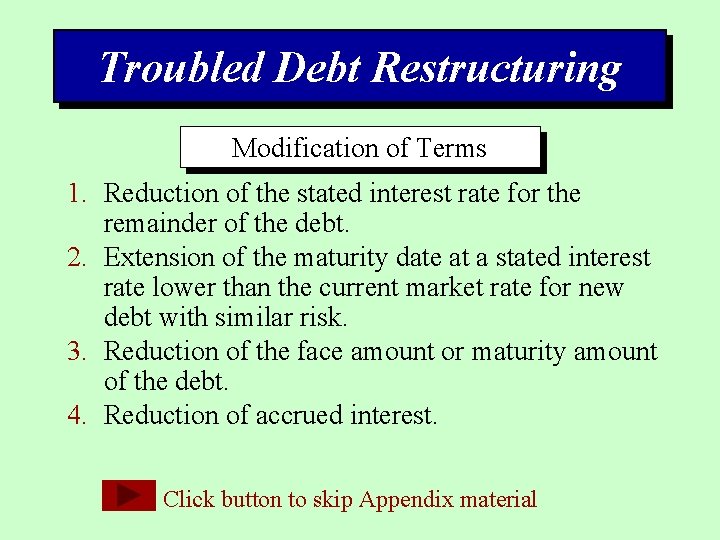 Troubled Debt Restructuring Modification of Terms 1. Reduction of the stated interest rate for