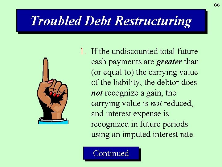 66 Troubled Debt Restructuring 1. If the undiscounted total future cash payments are greater
